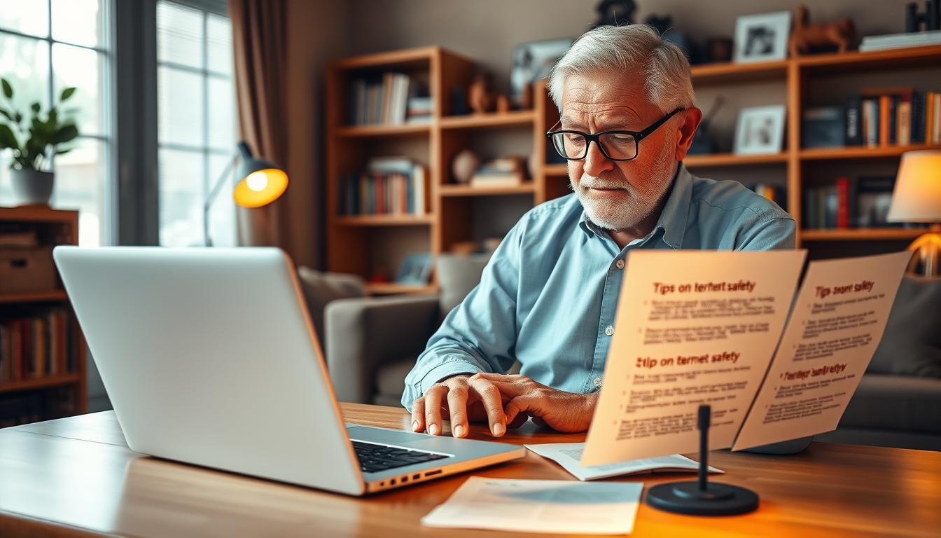 Senior using a laptop safely