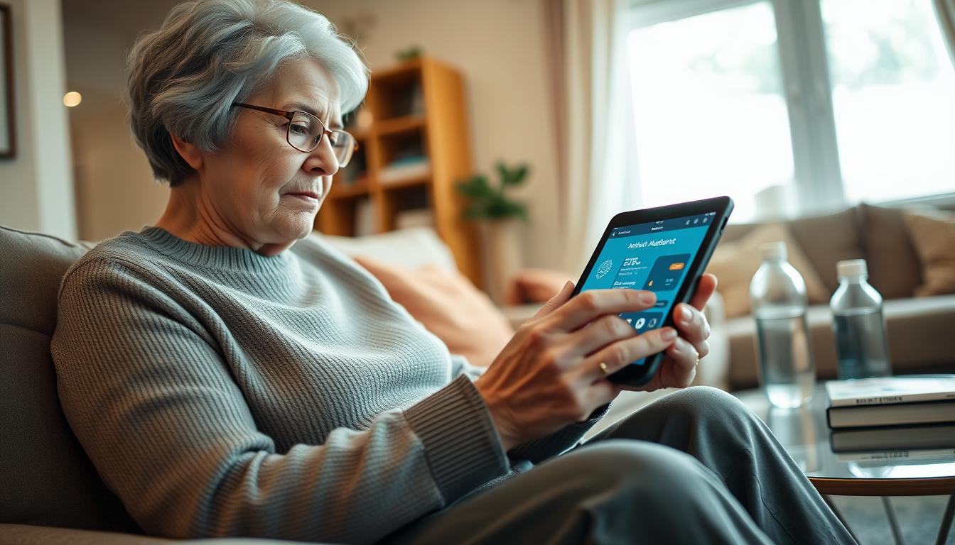 Senior using a tablet for arthritis management