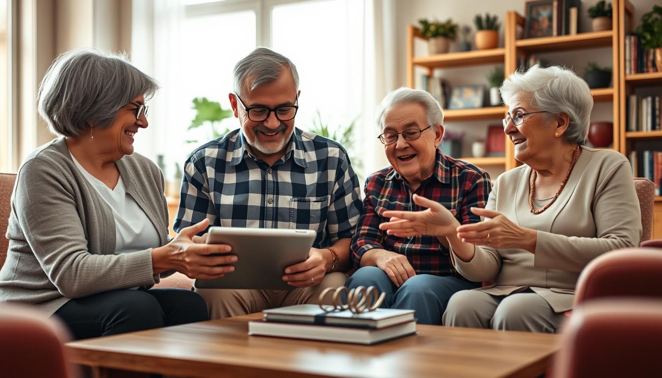 seniors using group chats on a tablet