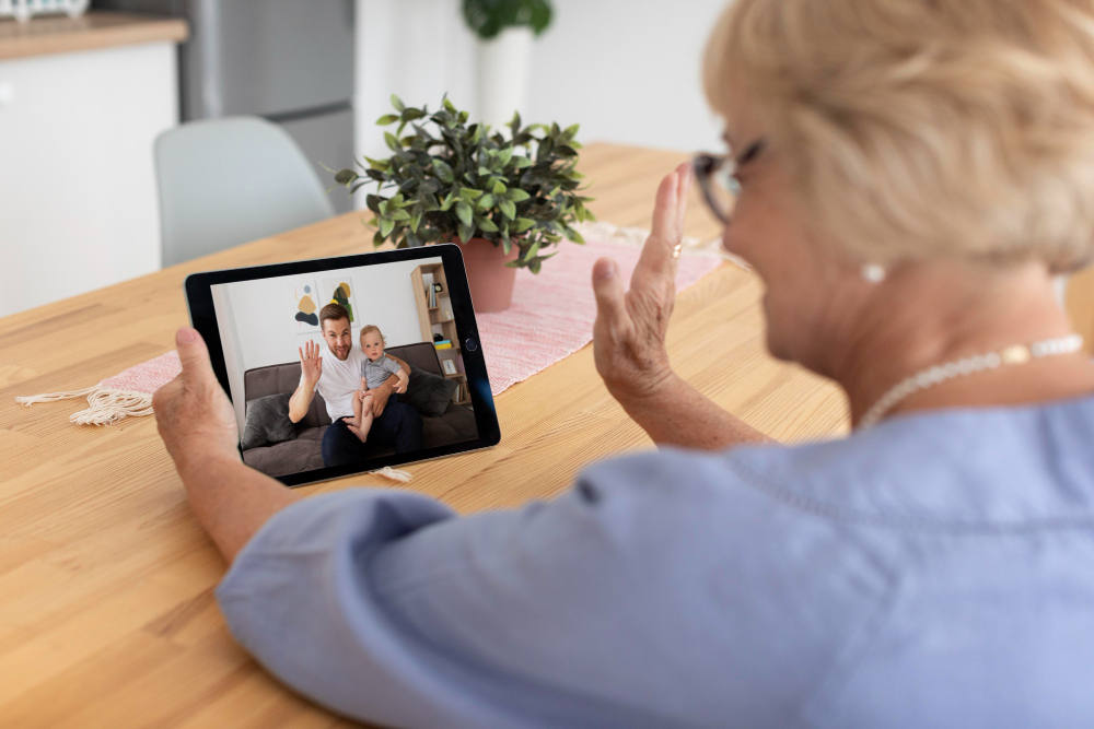 senior woman video call grandchildren tablet