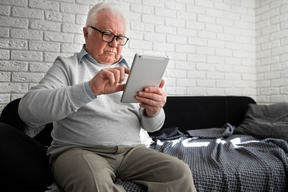 elderly man large text tablet reading