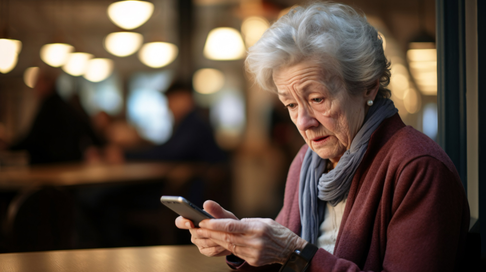 senior woman thinking smartphone careful