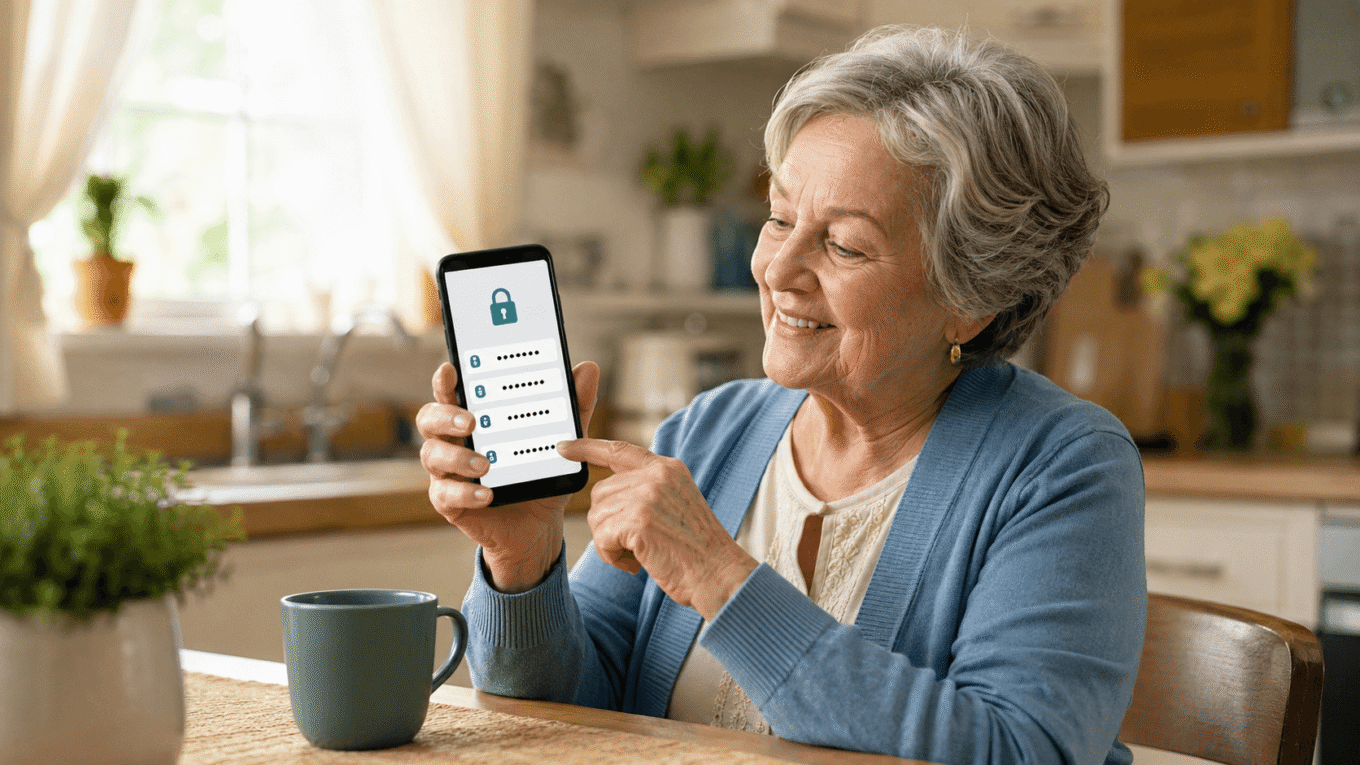 Senior woman smiling while using a password manager app on her smartphone at home